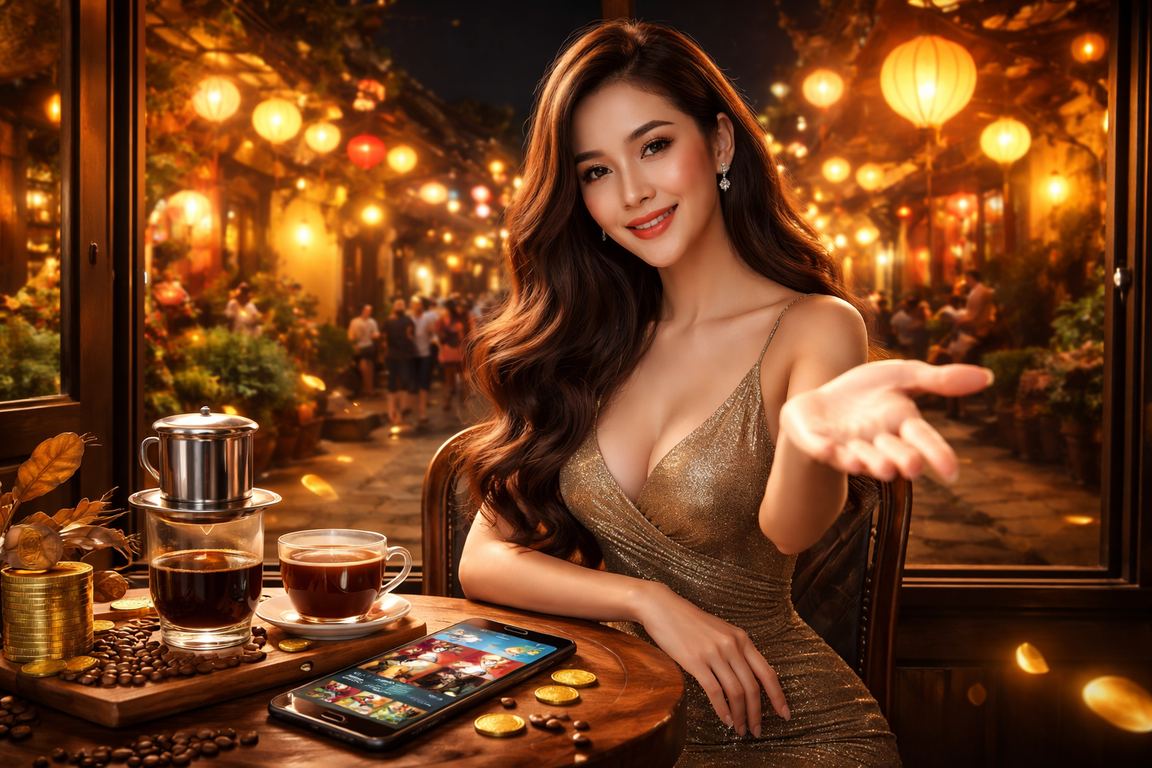 Người dùng dùng điện thoại chơi casino trực tuyến bên tách cà phê tại Hội An
